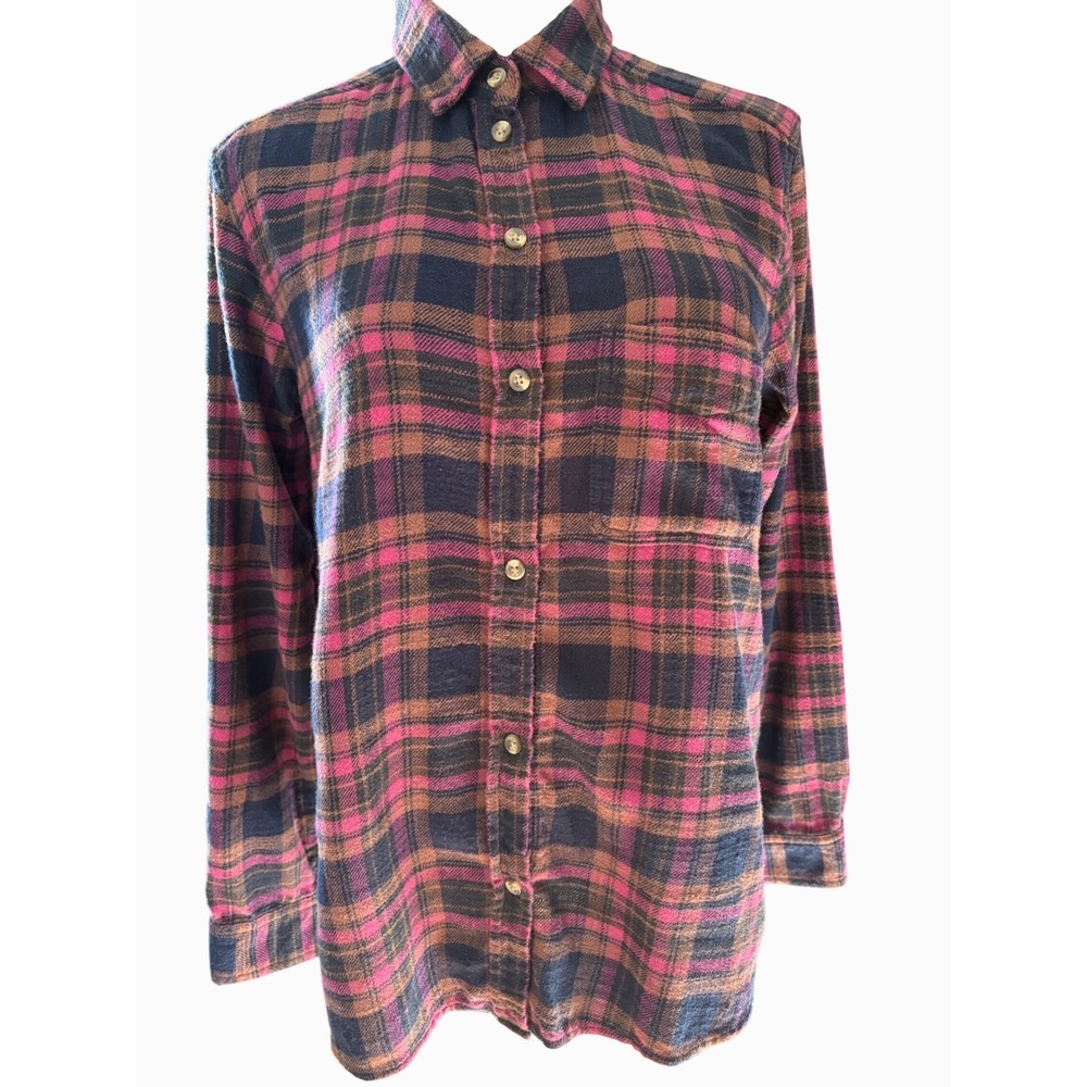 American Eagle Pink Brown Plaid Flannel Shirt Boyfriend Fit Small Button Down